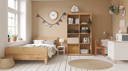 modern children's room with white floor, wooden bed and bookcase in light brown color