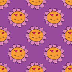 1970s floral seamless pattern. Groovy and funky hippie aesthetic.Good vibes only.Ornament with flowers, botany, petals.Psychedelic rainbow repeating background.Retro print for fabric with nature.