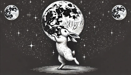 Naklejka premium Rabbit Dancing Under Moon