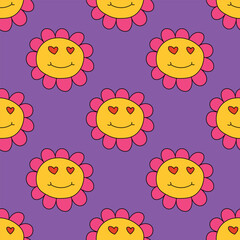 1970s floral seamless pattern. Groovy and funky hippie aesthetic.Good vibes only.Ornament with flowers, botany, petals.Psychedelic rainbow repeating background.Retro print for fabric with nature.	