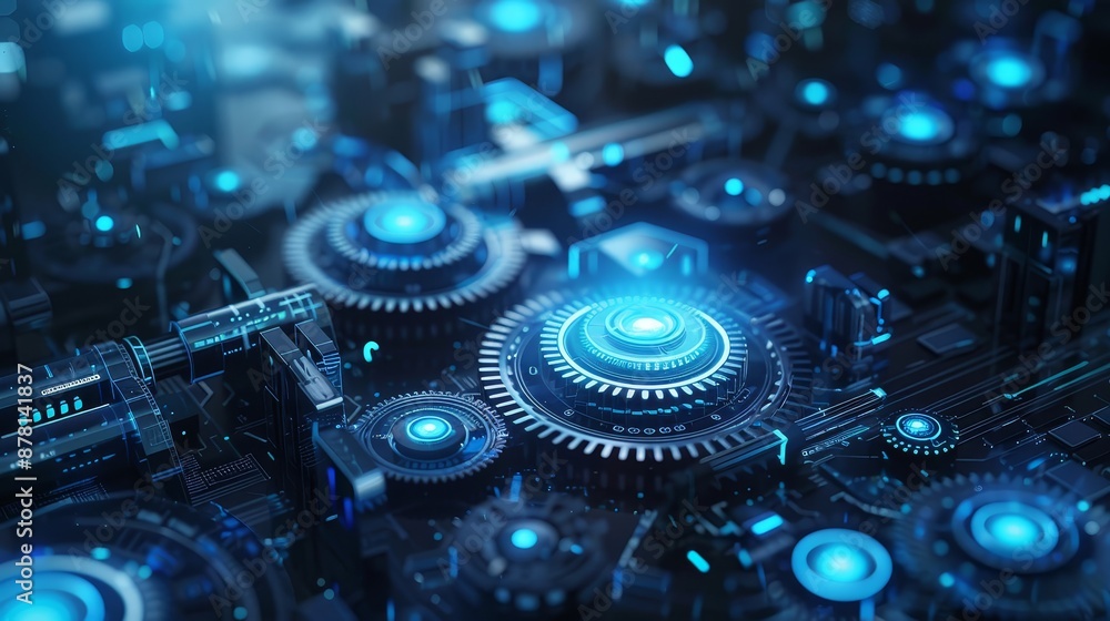 Poster abstract digital gear network - a close-up abstract image of gears and circuitry, depicting a futuri