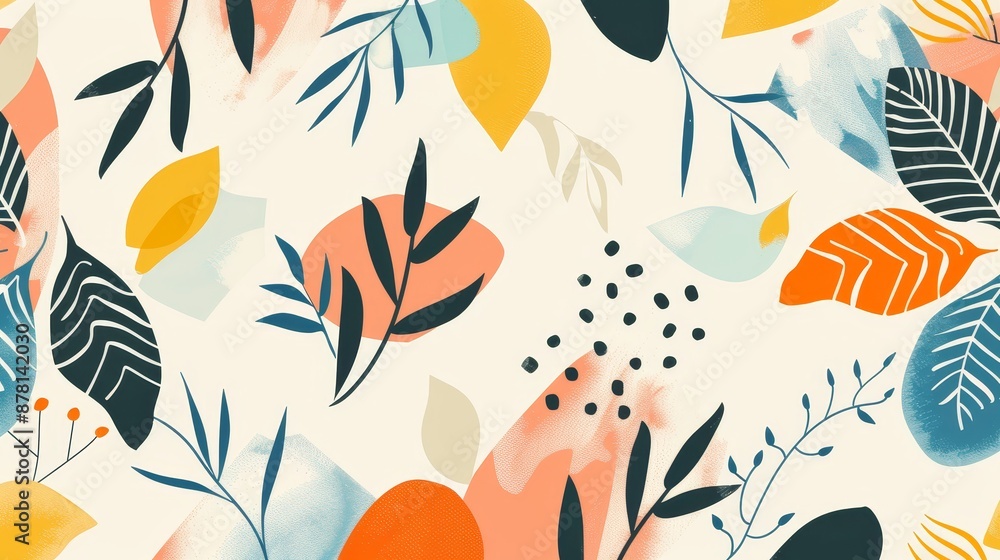 Poster abstract floral pattern - abstract floral pattern featuring colorful leaves and branches on a white 