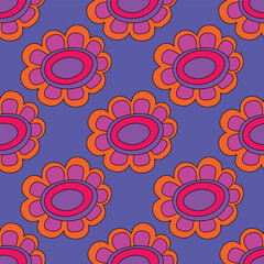 1970s floral seamless pattern. Groovy and funky hippie aesthetic.Good vibes only.Ornament with flowers, botany, petals.Psychedelic rainbow repeating background.Retro print for fabric with nature.	