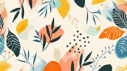 Abstract Floral Pattern - Abstract floral pattern featuring colorful leaves and branches on a white background. - Abstract floral pattern featuring colorful leaves and branches on a white background.