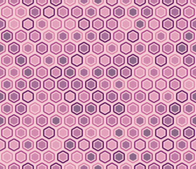 Honeycomb mosaic hexagons background. Bold rounded hexagon cells with padding and inner solid cells. Pink color tones. Seamless vector illustration.