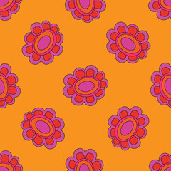 1970s floral seamless pattern. Groovy and funky hippie aesthetic.Good vibes only.Ornament with flowers, botany, petals.Psychedelic rainbow repeating background.Retro print for fabric with nature.