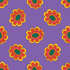1970s floral seamless pattern. Groovy and funky hippie aesthetic.Good vibes only.Ornament with flowers, botany, petals.Psychedelic rainbow repeating background.Retro print for fabric with nature.	