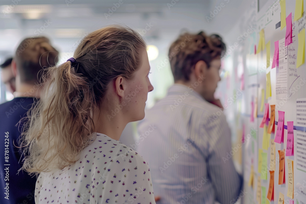Aufkleber group of professionals collaborating and brainstorming using colorful sticky notes on a wall.