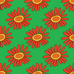 1970s floral seamless pattern. Groovy and funky hippie aesthetic.Good vibes only.Ornament with flowers, botany, petals.Psychedelic rainbow repeating background.Retro print for fabric with nature.	