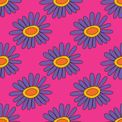 1970s floral seamless pattern. Groovy and funky hippie aesthetic.Good vibes only.Ornament with flowers, botany, petals.Psychedelic rainbow repeating background.Retro print for fabric with nature.	