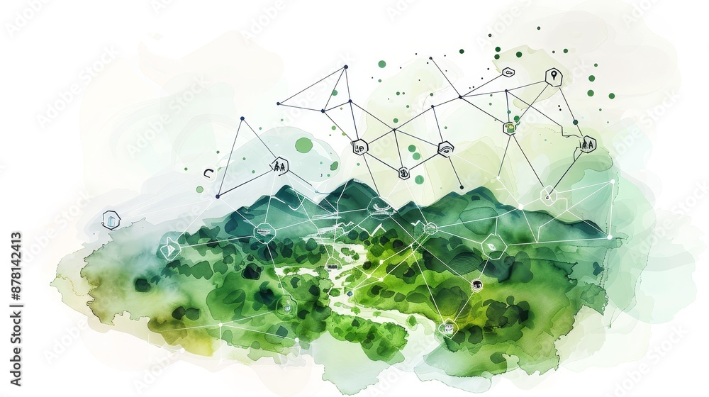 Poster abstract watercolor landscape with interconnected network - abstract watercolor landscape with a net