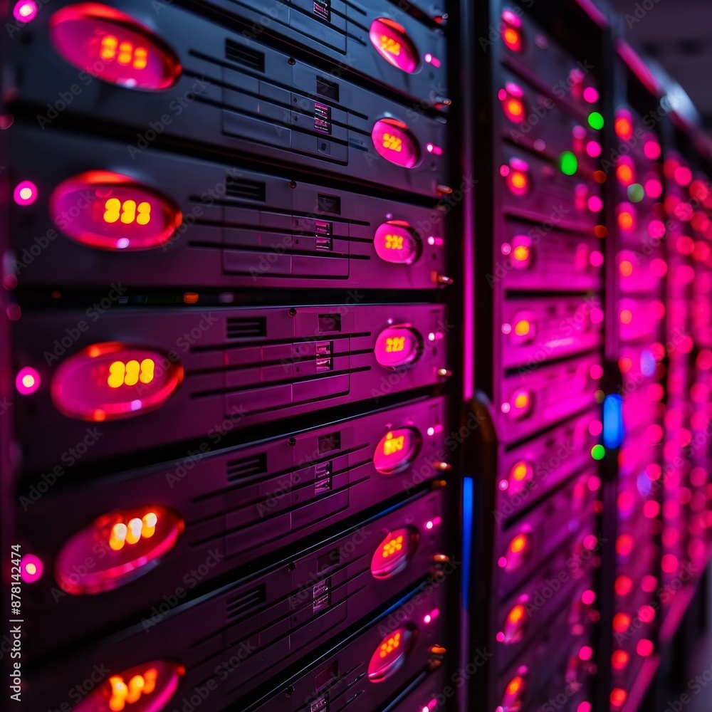 Poster a modern black server rack with bright pink lights, filled with rows of servers and network devices,