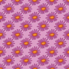 1970s floral seamless pattern. Groovy and funky hippie aesthetic.Good vibes only.Ornament with flowers, botany, petals.Psychedelic rainbow repeating background.Retro print for fabric with nature.