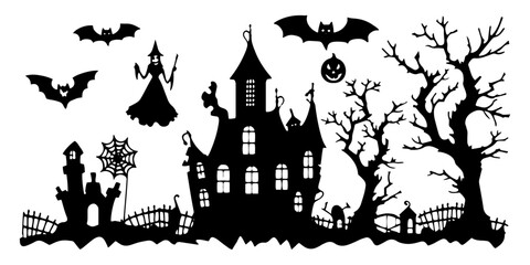 Vector collection of black silhouette halloween elements on white background