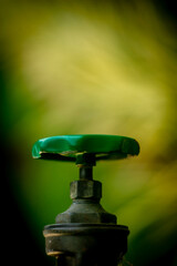 green faucet has a bokeh background