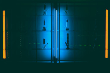 Cannabis Glass bong on black background, space for text. Smoking device