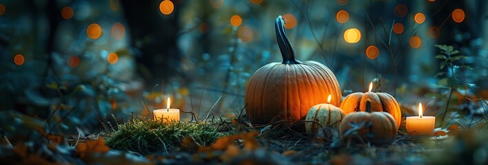 Halloween Pumpkin Head with Carved Scary Smiling Face at Night Outside. Jack-O-Lantern, Burning Candles Outdoor. Halloween Dark Composition Backyard Decor. Pumpkins Black Background. All Saints Day
