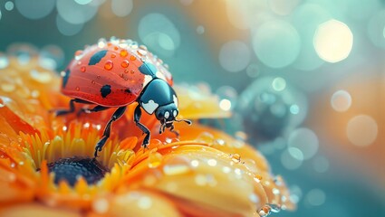 A close-up macro shot of a ladybug on an orange flower with water droplets and a bokeh background. The image captures the intricate details of the insect and floral petals beautifully.
