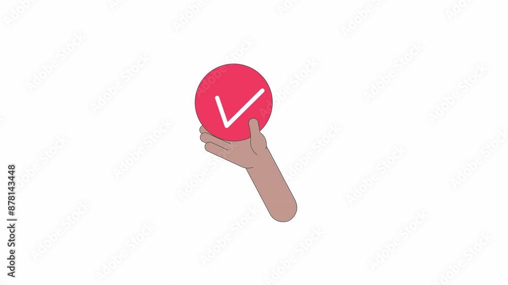 Poster round checkbox with tick holding line 2d character hand animation. task closing mark flat color cart