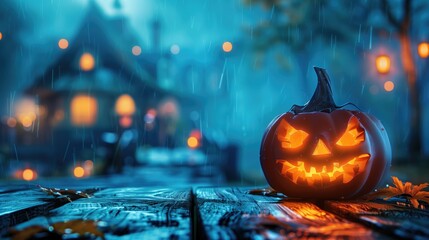 Fototapeta premium Spooky jack-o'-lantern on a rainy wooden table in front of a haunted house at night. Halloween decorations, spooky ambiance, seasonal celebration, haunted house attraction, Halloween party invitation.