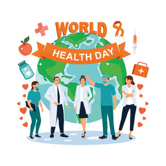 A group of doctors and nurses celebrate World Health Day. They stand in front of the earth with health icons. World Health Day concept. Flat vector illustration.