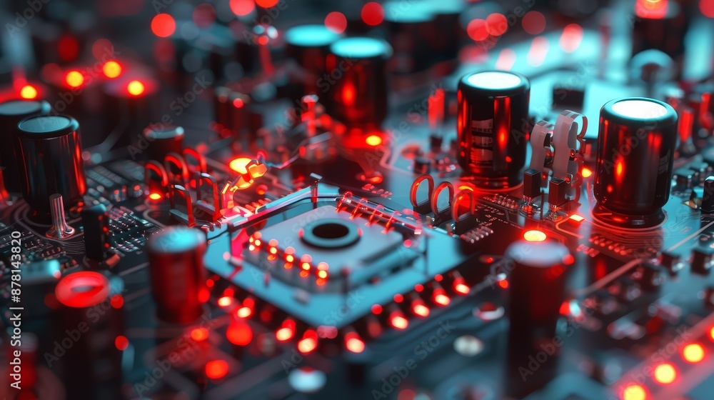 Poster circuit board with red lights - a close-up image of a circuit board with red led lights illuminating