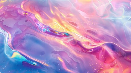 Obraz premium Iridescent fluid swirls abstract texture background image. Pink yellow and blue tones soothing visual. Iridescence photo backdrop wallpaper realistic. Holographic concept photorealistic