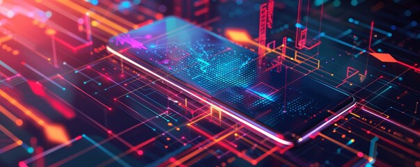 A digital scene with a smartphone and arrow, representing growth in technology