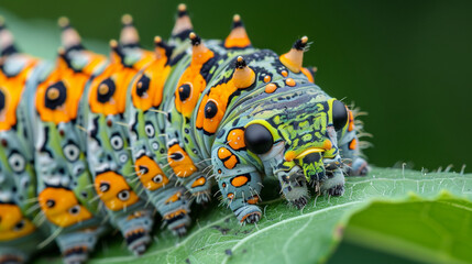 Fototapeta premium A yellow caterpillar munches on a green leaf in a summer garden