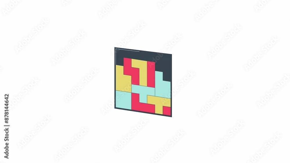 Poster geometric puzzle solving line 2d object animation. mind teaser for brain development flat color cart