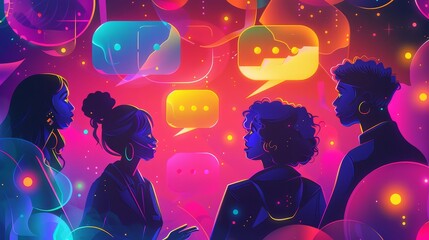 Conversation in a Cosmic Space - An illustration of four people in silhouette talking, surrounded by colorful speech bubbles against a cosmic backdrop of stars and glowing orbs. - An illustration of f