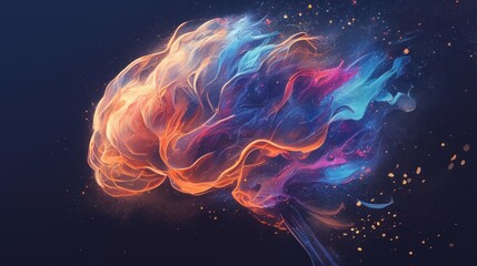 Obraz premium Abstract human brain, on dark background. Colorful smoke creates a visual effect concept of increasing energy and mental activity, ideas, intelligence, imagination, creative thinking or memory.
