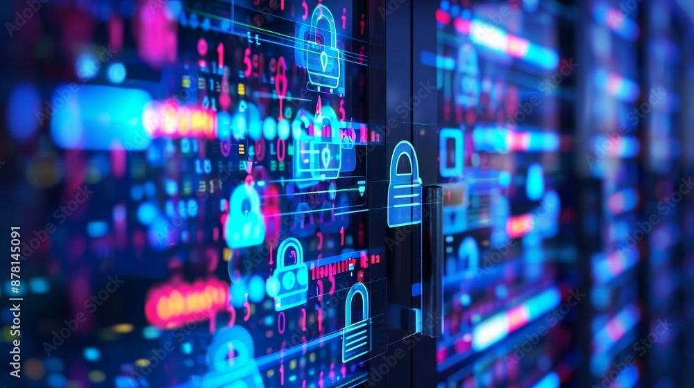 Poster cybersecurity data center - close-up view of a server room with glowing blue and red lights, signify