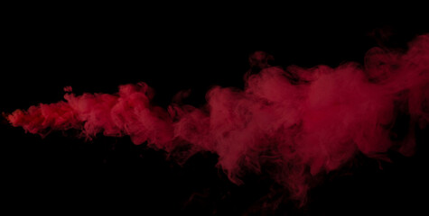 Red Dense Fluffy Puffs of White Smoke and Fog on black Background, Abstract Smoke Clouds, Movement Blurred out of focus. Smoking blows from machine dry ice fly fluttering in Air, effect texture