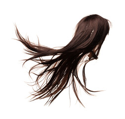 Long straight Wig brunette hair style fly from strong wind. Brunette woman wig wave hair float in mid air. Straight brunette curl wig hair wind blow storm. White background isolated