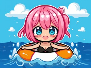 Adorable Chibi Illustration of a Girl caught in the current on a buoy, in need of rescue.