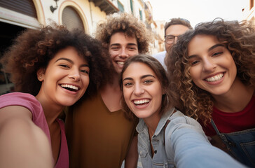 Fototapeta premium Group of friends smiling and taking a selfie outdoors, enjoying their time together and capturing happy moments