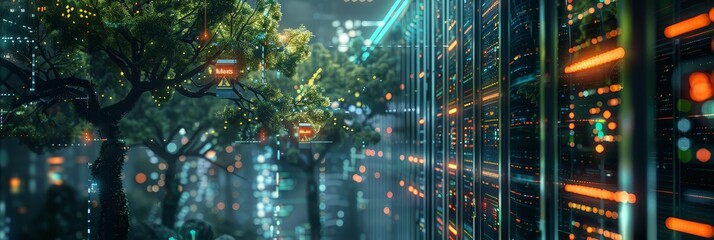 Digital Forest: Where Nature Meets Technology - A futuristic digital forest where trees are intertwined with glowing data streams and servers. This image represents the convergence of nature and techn
