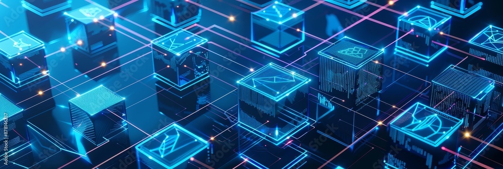 Aufkleber digital network of cubes - a digital network of glowing cubes and connecting lines - a digital netwo