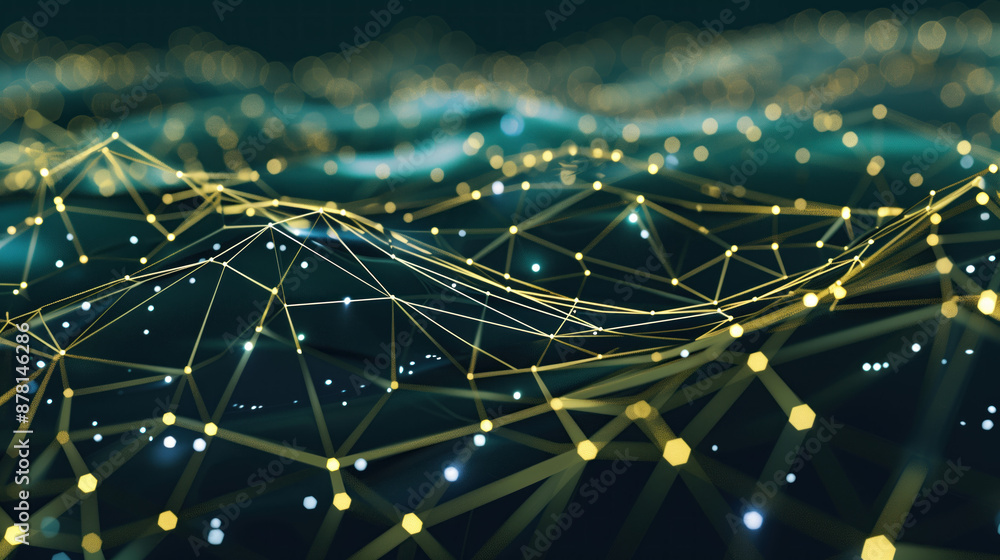 Poster geometric digital network with nodes and glowing lines.