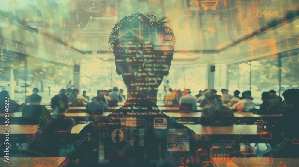 Poster digital transformation and data-driven decisions - a person sitting in a room surrounded by people w