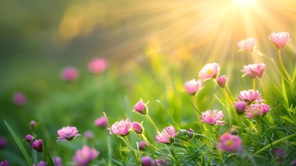 Obraz premium Pink Wildflowers in Bloom with Warm Sunlight Rays