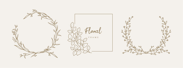 Hand drawn floral frames with flowers, branch and leaves. Elegant logo template. Vector illustration for labels, branding, business identity, wedding invitation