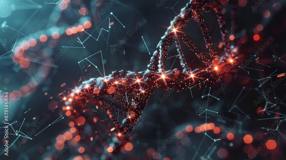 Poster dna strand with glowing particles and abstract background - a close-up view of a dna strand with glo