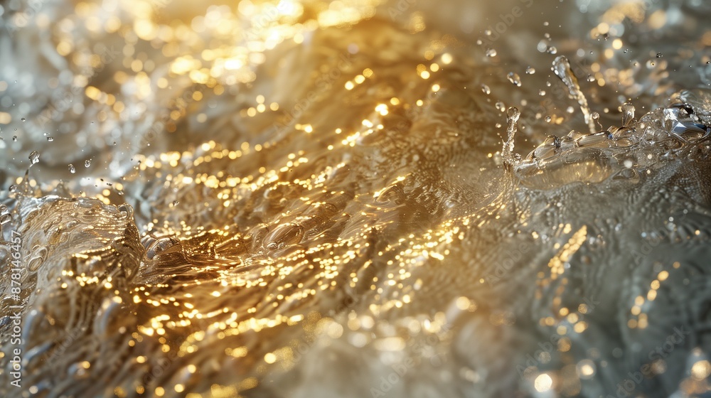 Poster golden water droplets texture and splashes illuminated by light background image. fluid motion and s