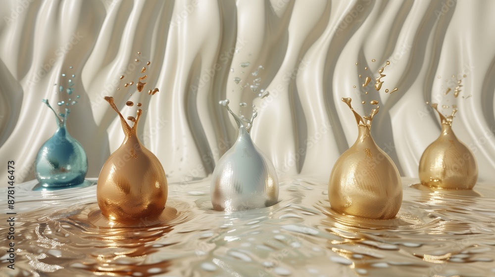Poster metallic droplets splashes on reflective liquid texture background image. artfully arranged photo ba
