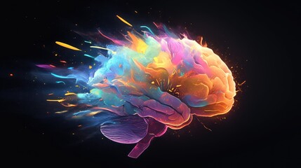 Obraz premium Abstract human brain, on dark background. Colorful smoke creates a visual effect concept of increasing energy and mental activity, ideas, intelligence, imagination, creative thinking or memory.