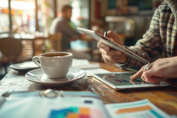 Advisor guiding client through investment options on a tablet, cafe setting, soft daylight, mid-range shot, casual friendly style