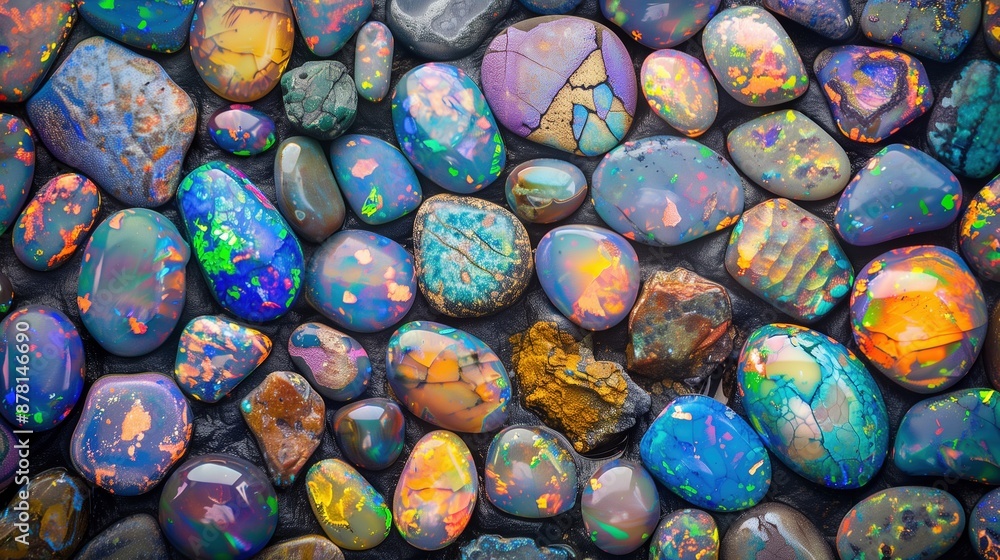 Aufkleber diverse array of gemstones texture placed on black background image. unique colors and patterns ston