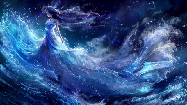 The elemental girl of the water. Anime or digital painting style, looping 4k video animation background